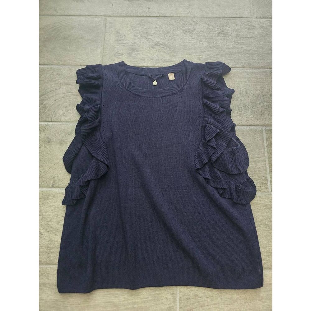 Anthropologie Knitted & Knotted Ruffle Tank Top Sweater Navy Blue Size Small‎